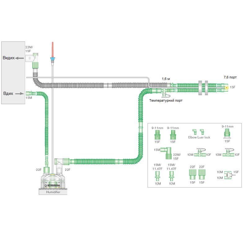 Дихальна система гофрована 10мм(mm) з двома проводами обігріву,камера зволожувача автоматичного заповнення,додатковий шланг 0,5м(m),довжина 1,6м(m) (INTERSURG.)